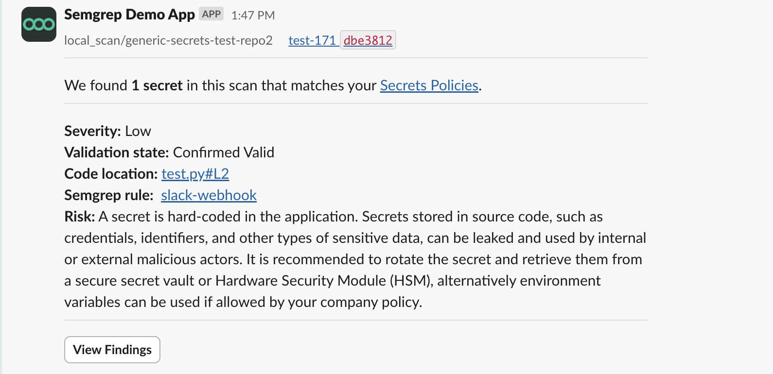Message from Semgrep Slack app consolidating findings after a scan